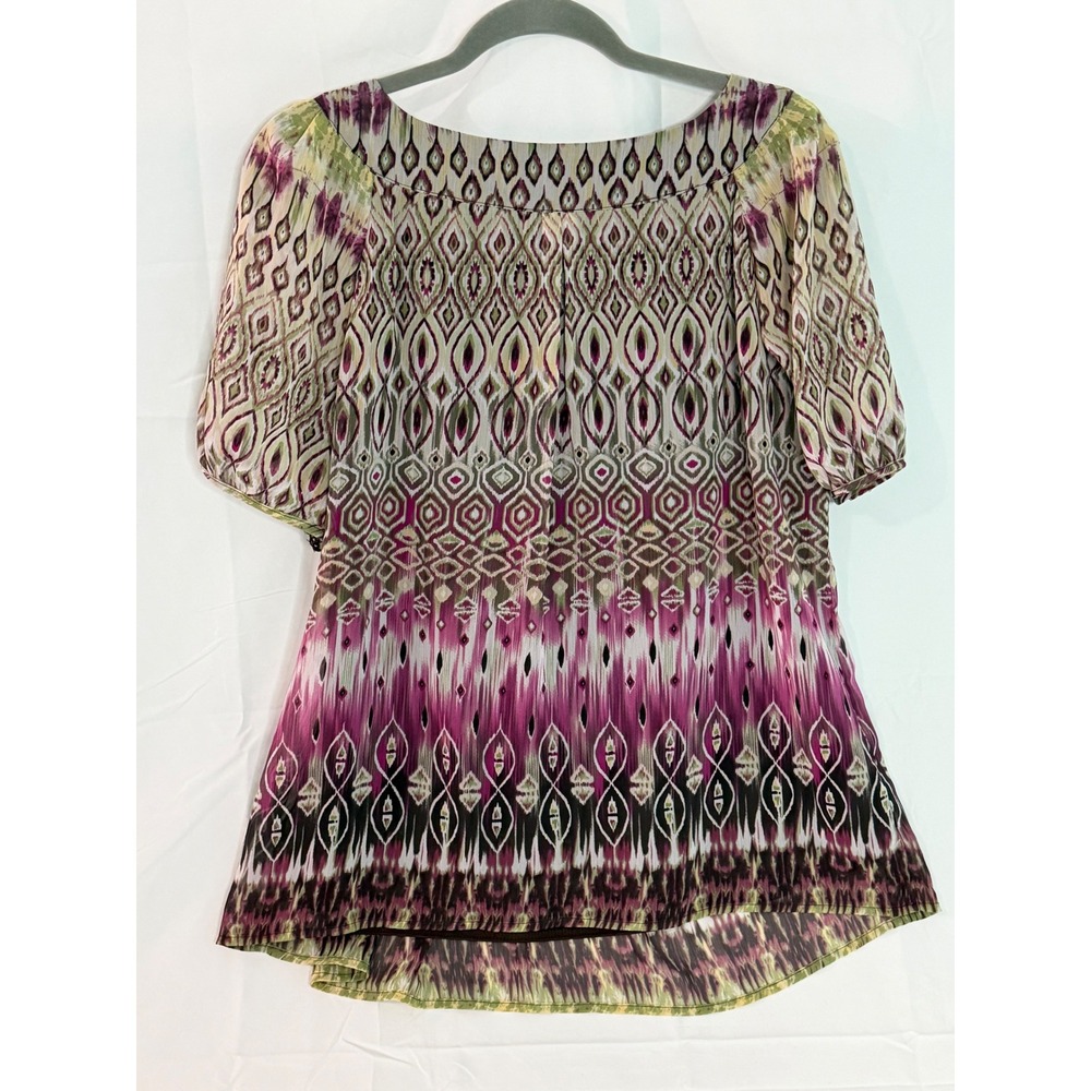 Sara Michelle Womens 2X Blouse Purple Green Geometric Ikat Print Short Sleeve - Picture 4 of 9